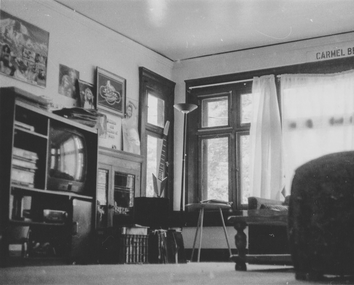 Black-and-white photograph of the house's living room